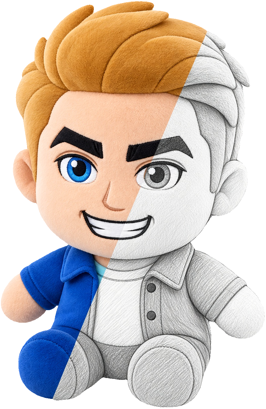 A real CreatorPack plush of a spiky-haired character, half finished soft plush on the left and half pencil sketch on the right